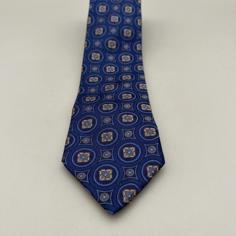 Daniel Cremieux Necktie Blue Beige Geometric Pattern Silk Neck Tie Made In USA
